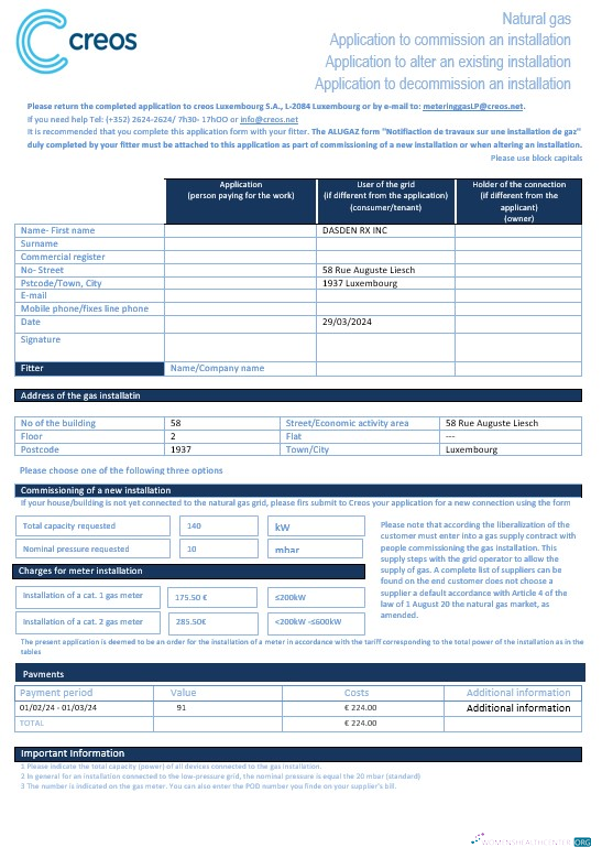Download Luxembourg Creos gas business utility bill template in Word and PDF formats Photoshop template